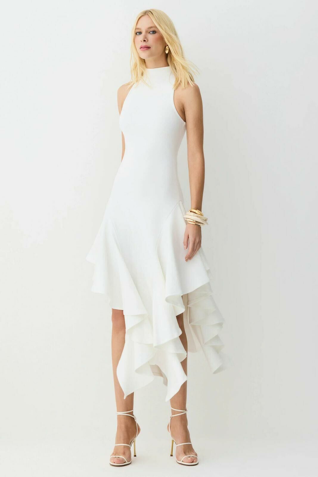 Imagem de Vestido Mídi Gola Alta Babados Assimétricos Off White Zen